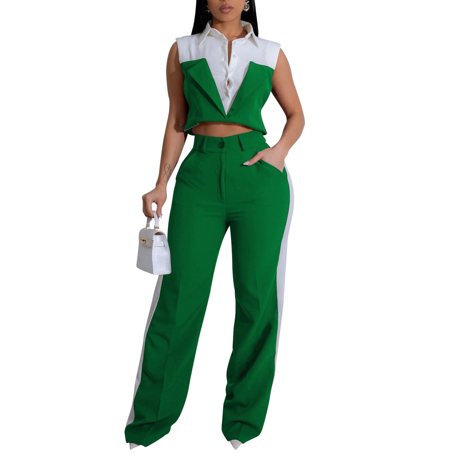 Women Clothing Shirt Sleeveless Summer Two Piece Set Faux Two Pieces Office