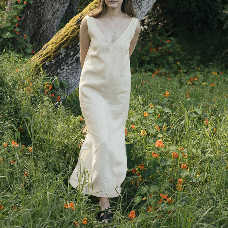 Summer Casual Front Back V Neck Dress Linen Sleeveless High Waist Split Knee Length Backless Cotton Linen Vest Dress