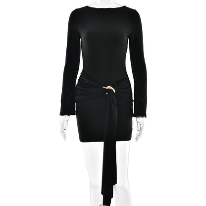 Sexy Elegant Women Slim Fit round Neck Hip Skirt Arrival Lace up Tight Long Sleeve Dress