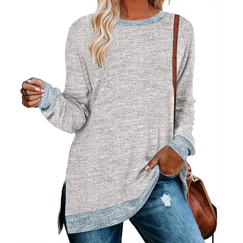 Women Clothing Long Sleeve round Neck Multicolor Split Top Loose Casual Pullover T shirt