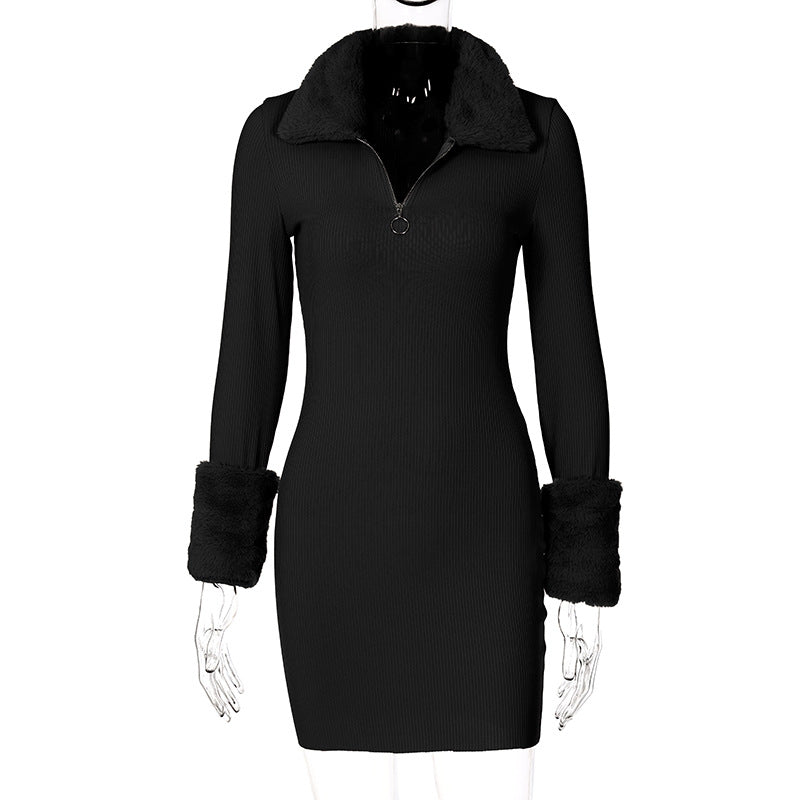 Autumn Dress Solid Color Knitted Fur Collar Stitching Plush