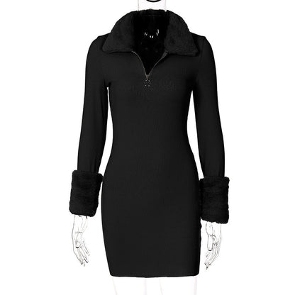Autumn Dress Solid Color Knitted Fur Collar Stitching Plush