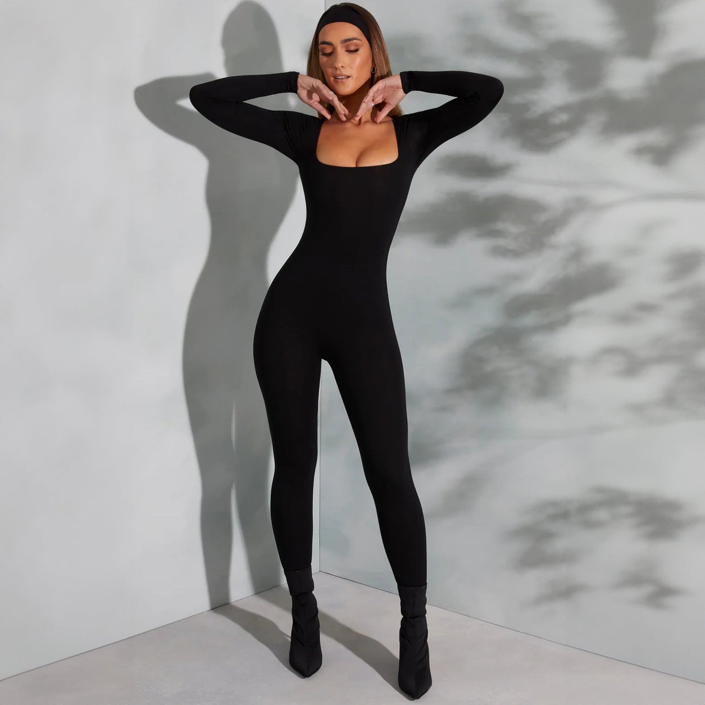 Women’s Clothing Summer Solid Color Long Sleeve Belly Waist Shaping Hip Lift Square Collar Jumpsuit