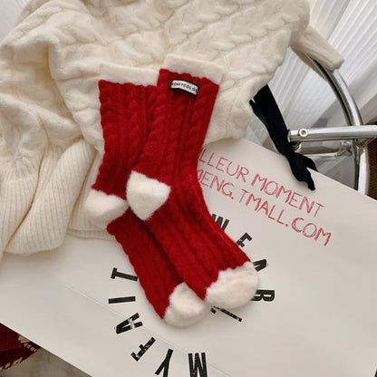 Red Striped Cashmere Blend Warm Mid Calf Socks
