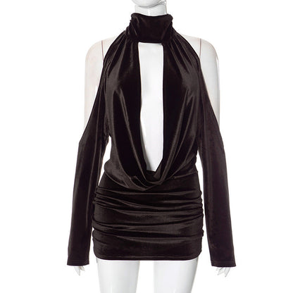 Women Clothing Halter Swing Collar Bare Back Sexy Sexy Velvet Dress