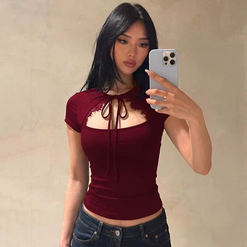 Samaira Lace Cut-Out Short Sleeve Top