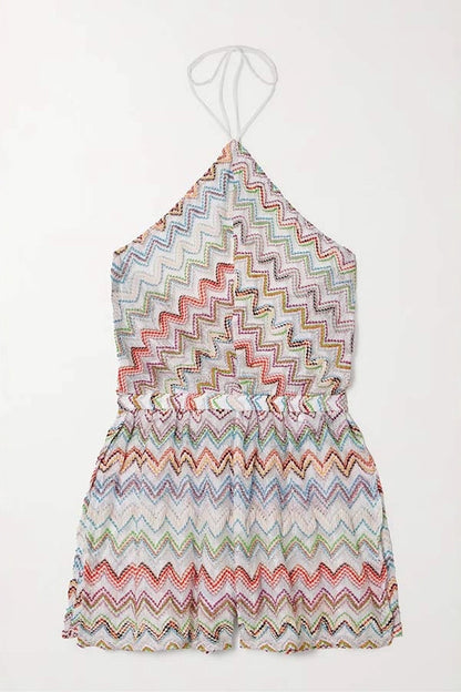 Juney Knit Colorful Zigzag Pattern Halter Neck Slit Wide Leg Loose Romper
