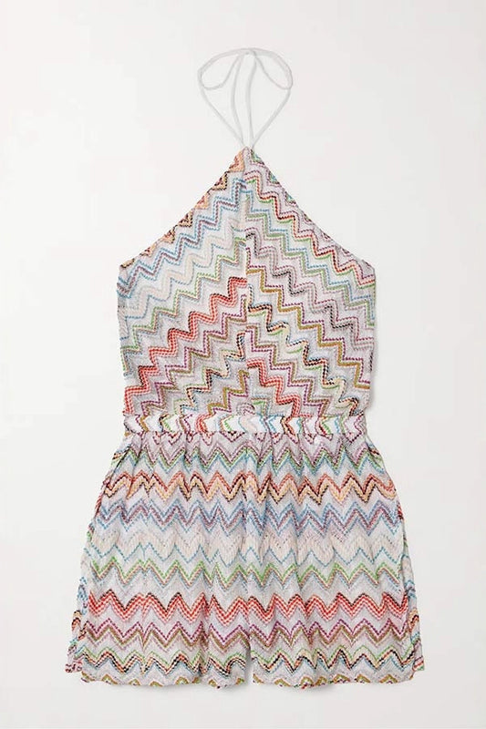 Juney Knit Colorful Zigzag Pattern Halter Neck Slit Wide Leg Loose Romper