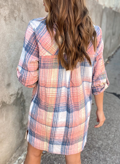 Simple Plaid Shirt Short Autumn Women Clothing Loose Single Breasted Dress