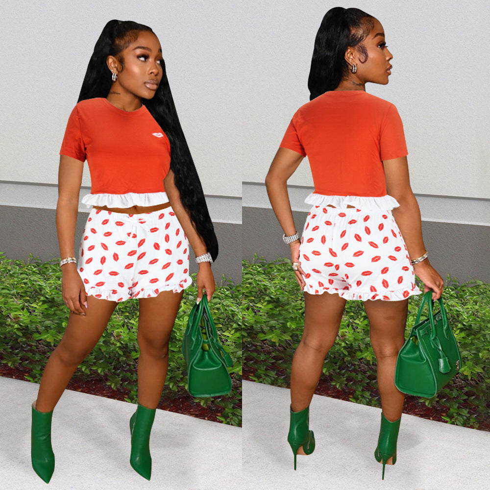 Women Clothing Summer Lace Color Matching Short-Sleeved T-shirt Women Lip Printings Slim Two-Piece Set Romper