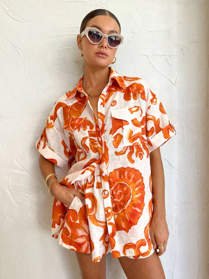 Summer Printed Shorts Collared Loose Women Shirt Casual Set Amplified craft