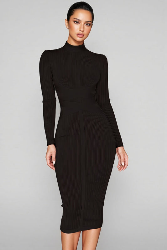Elira Solid Colour Stand Collar Midi Dress-Black