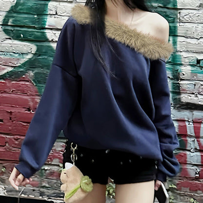 Street Furry Stitching Personality Diagonal Collar Loose Sweatshirt Sexy Sexy off Shoulder Casual Long Sleeves
