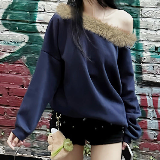 Street Furry Stitching Personality Diagonal Collar Loose Sweatshirt Sexy Sexy off Shoulder Casual Long Sleeves