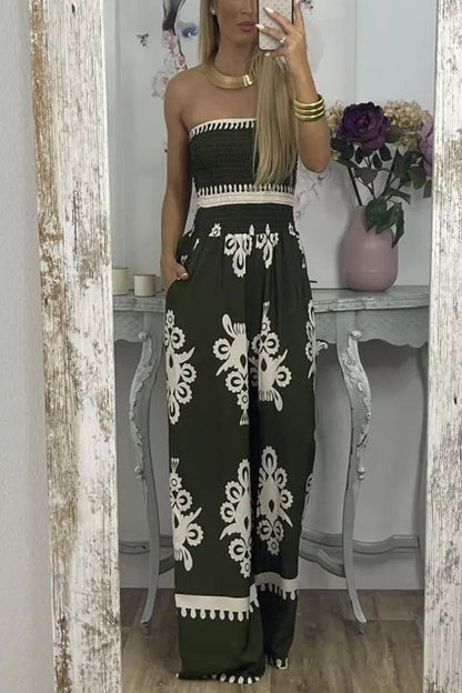 Street Hipster Wrapped Chest Printed Jumpsuit High Waist Casual Pants Women