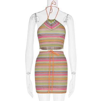 Women Clothing Printed Halter Vest Sheath Skirt Set