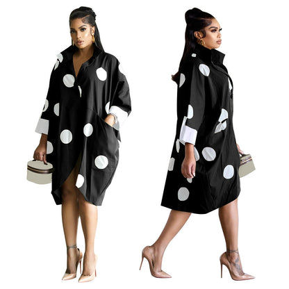 Women Clothing Supply Average Size Printed Nine Quarter Sleeve Shirt Dress Pocket Dress