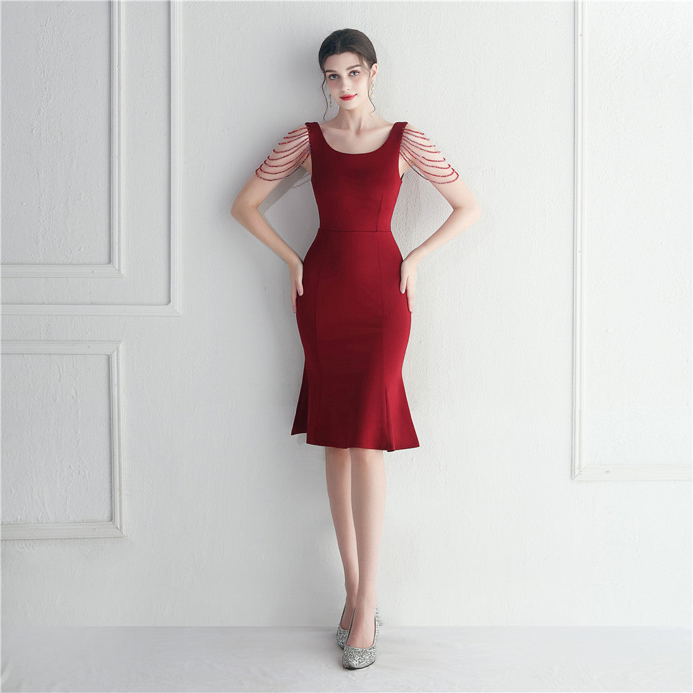 Short Beaded Bridesmaid Exhibition Welcome Car Model Etiquette Short Dress