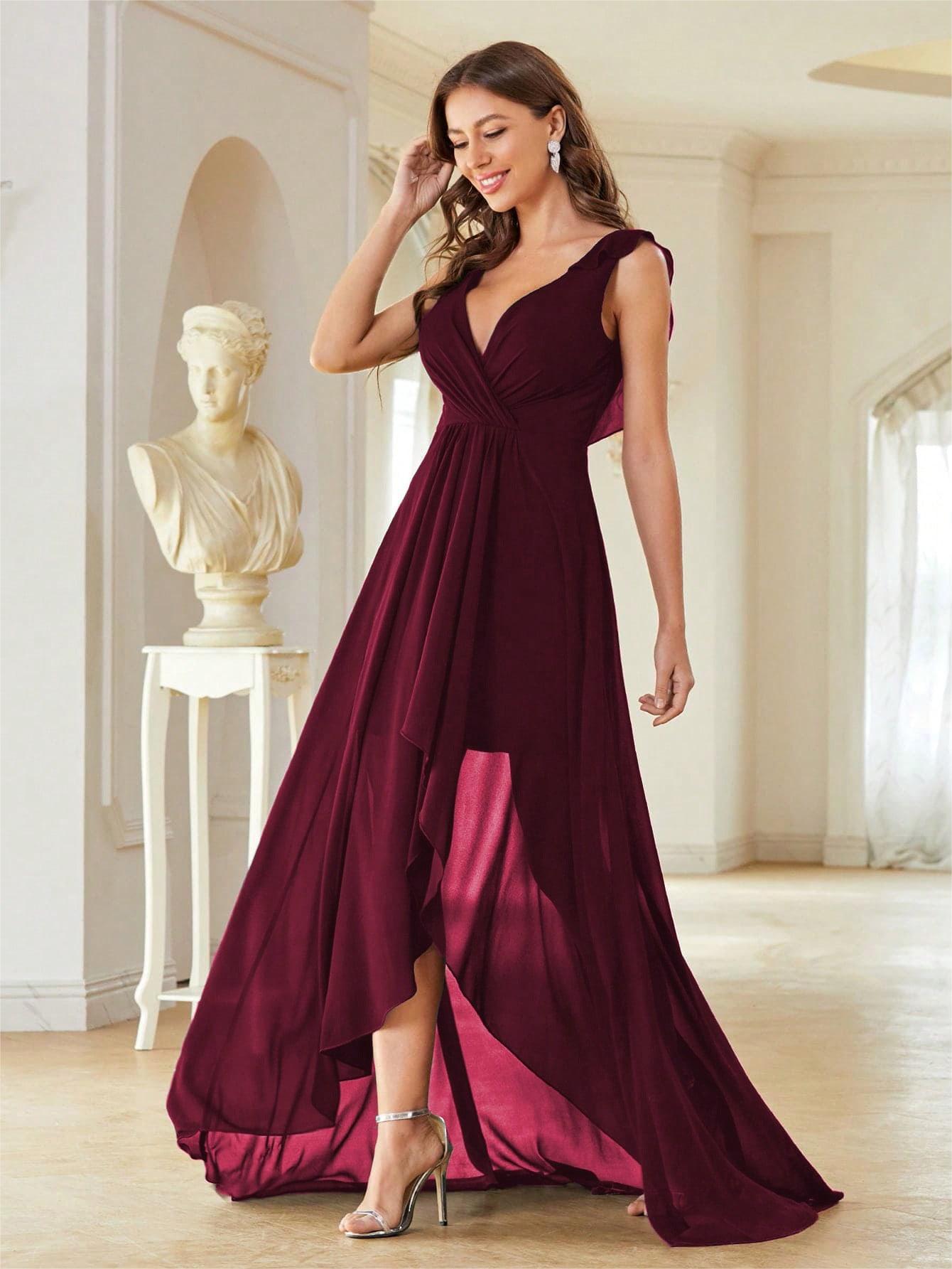 V neck Chiffon Evening Dress Chest Pleated Backless Front Short Back Long Dance Dress Party Dress Bridesmaid Dress
