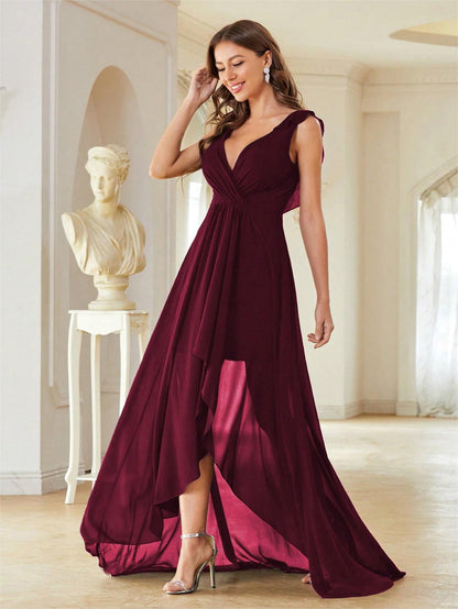 V neck Chiffon Evening Dress Chest Pleated Backless Front Short Back Long Dance Dress Party Dress Bridesmaid Dress