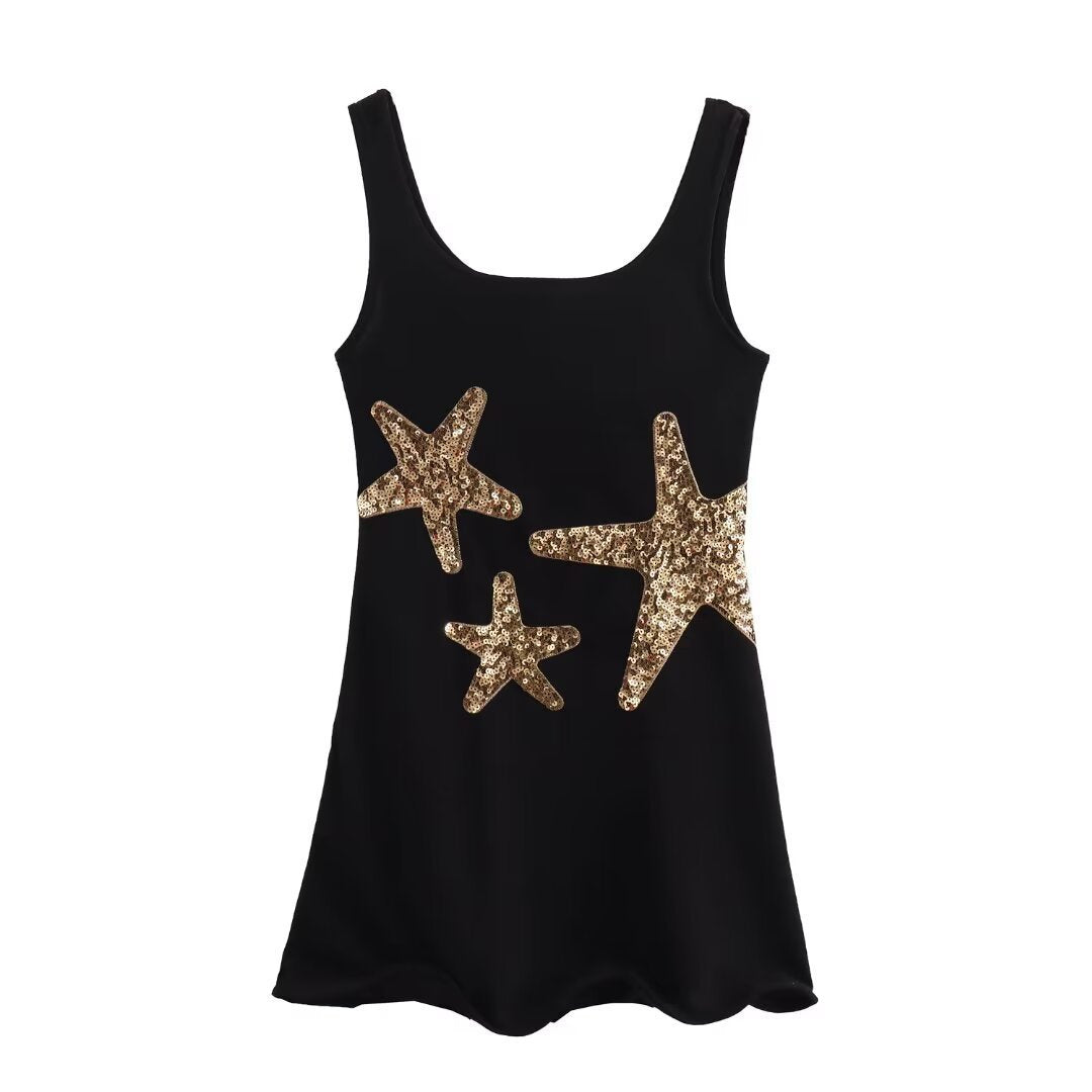 Beachside Dreams Starfish Sequin Wave Hem Stretch Tank Mini Dress
