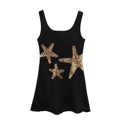 Beachside Dreams Starfish Sequin Wave Hem Stretch Tank Mini Dress