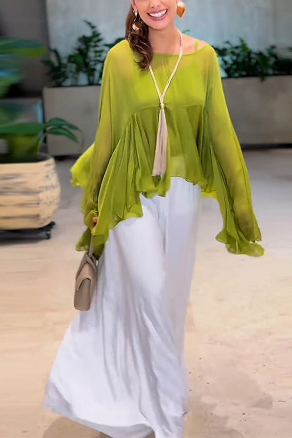 Romantic Journey Chiffon Ruffle Batwing Sleeve Top and Elastic Waist Pocket Loose Pants Set