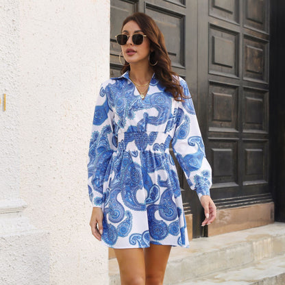 Paisley Pattern Blouse Collar Dress Women Smocking Waist Long Sleeve Spring Autumn Women Clothing