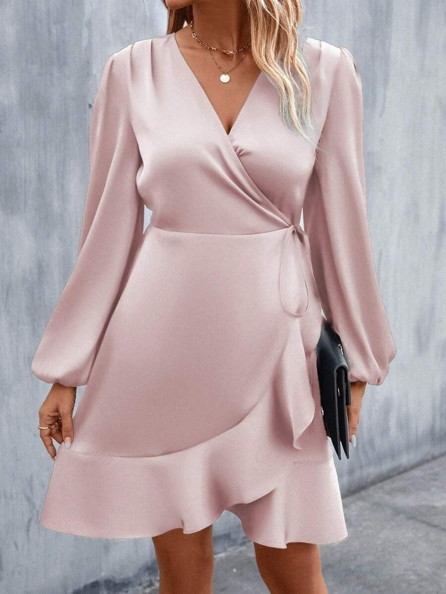 V neck Dress Satin Waist Tight Low Cut Casual Midi Dress Sweet Women Clothing