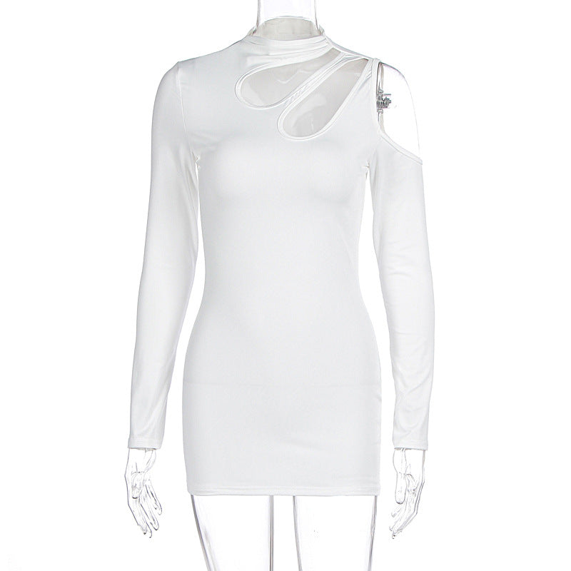 Women Clothing Autumn Winter Sexy Slim Solid Color Hollowed Sexy Long Sleeve Dress Women