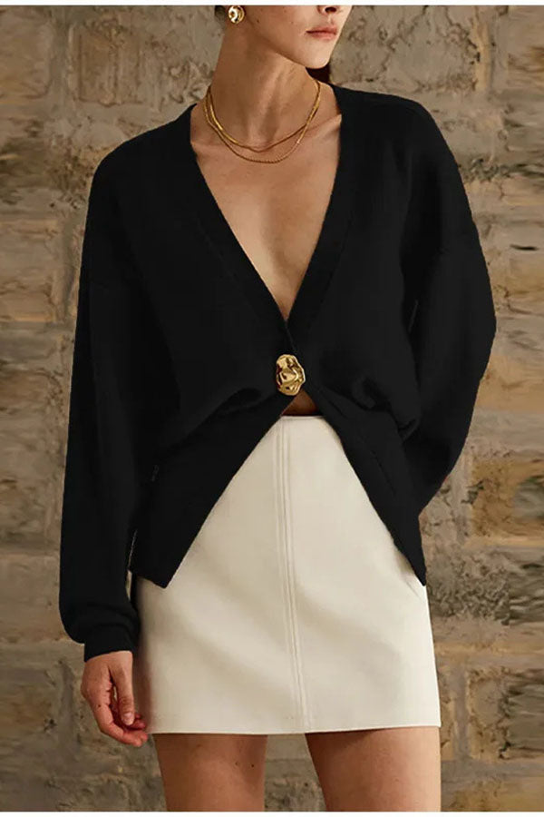 Only Yours Knit Metal Leaf Shape Button Lantern Sleeve Relaxed Cardigan