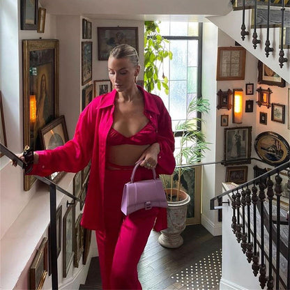 Sexy Women Wear Spring Summer Casual Vacation Three Piece Suit Satin Shirt Vest Straight Leg Pants Suit