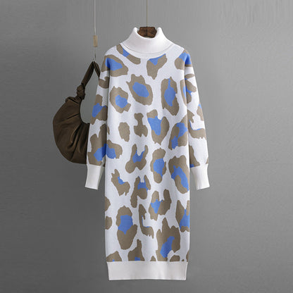 Autumn Winter Turtleneck Base Knitted Dress Leopard Print for Women