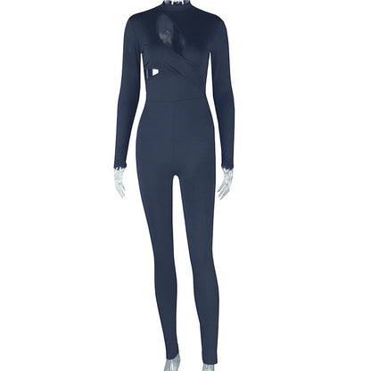 Elegant Women Wear Tight Fitting Solid Color Micro Elastic Jumpsuit Long Sleeved Trousers Hollow Out Cutout Mid Waist Thin Jumpsuit