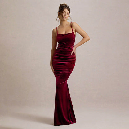 Autumn Socialite Sexy Velvet Pleated Fitted Waist Backless Sling Dress