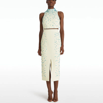 Heavy Industry Beads Vest Top Split Skirt Two Piece Sets