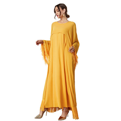 Women Clothing Arrival Tassel Long Blouse Mesh Dress Autumn Solid Color Suit