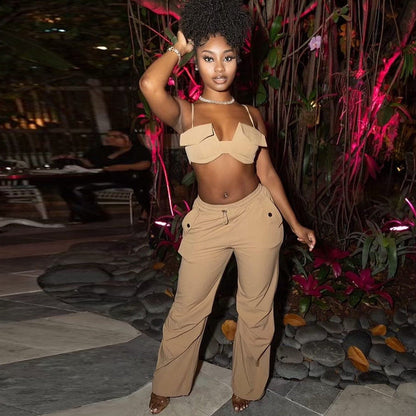Spaghetti Straps Corset Niche Cropped Outfit Ankle Tied Trousers Drawstring Two Piece Set for Women