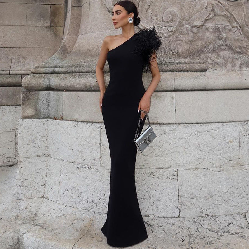 Dress Elegant Noble Solid Color Shoulder Stitching Feather Slim Slimming Long Evening Dress for Women