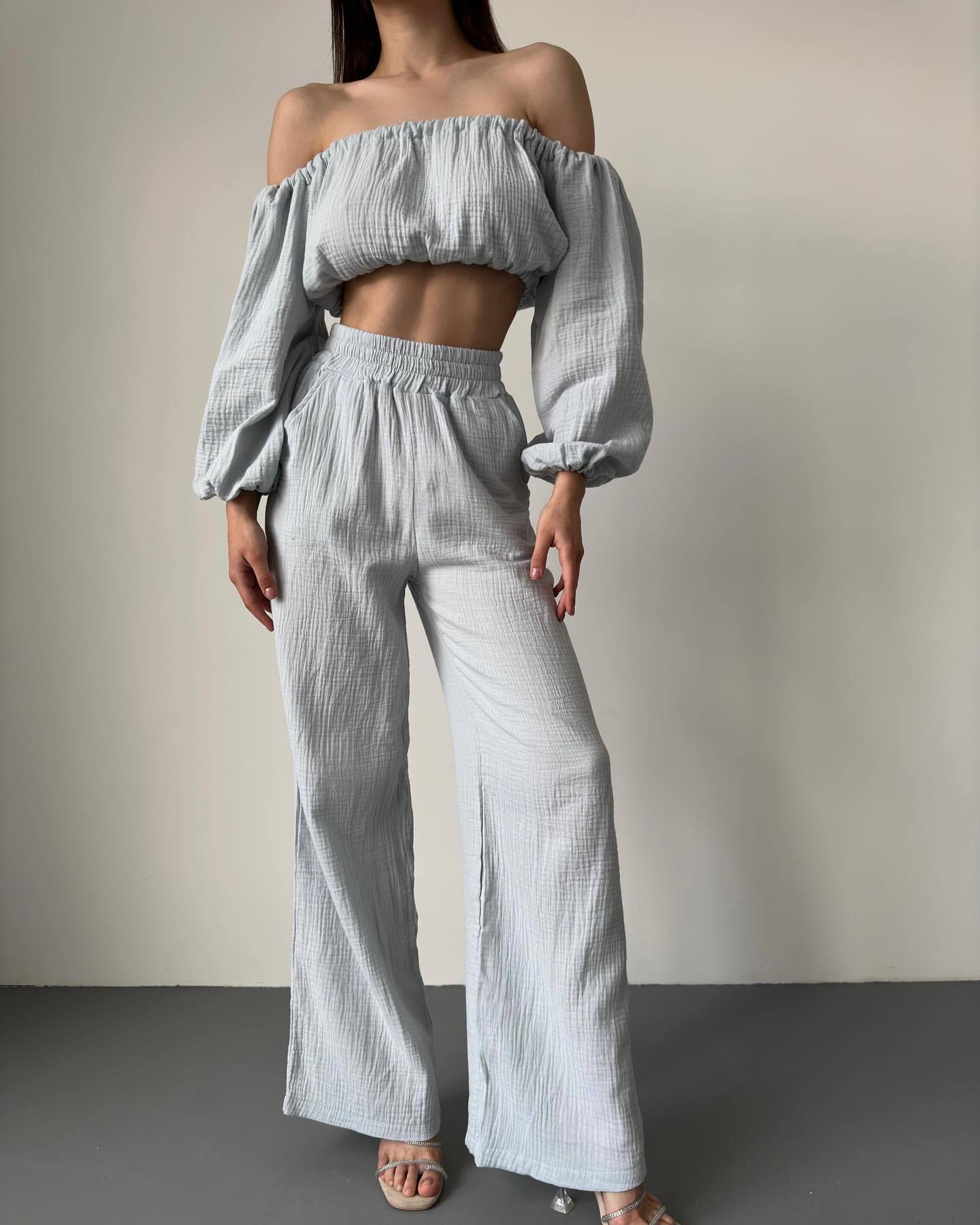Two Piece Women Summer Pure Cotton Champray Solid Color off Neck Short Sleeved Top High Waist Wide Leg Pants Casual Suit
