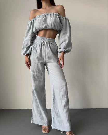 Two Piece Women Summer Pure Cotton Champray Solid Color off Neck Short Sleeved Top High Waist Wide Leg Pants Casual Suit