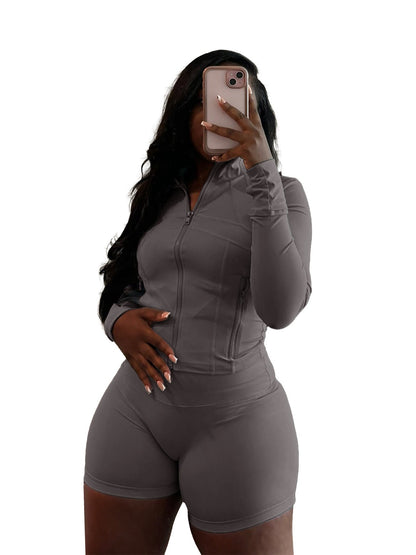 Spring Sports Casual Sexy Tight Long Sleeve Shorts Two Piece Set