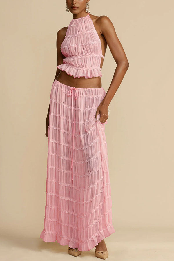 Versatile retro charm pleated drawstring waistline long skirt set