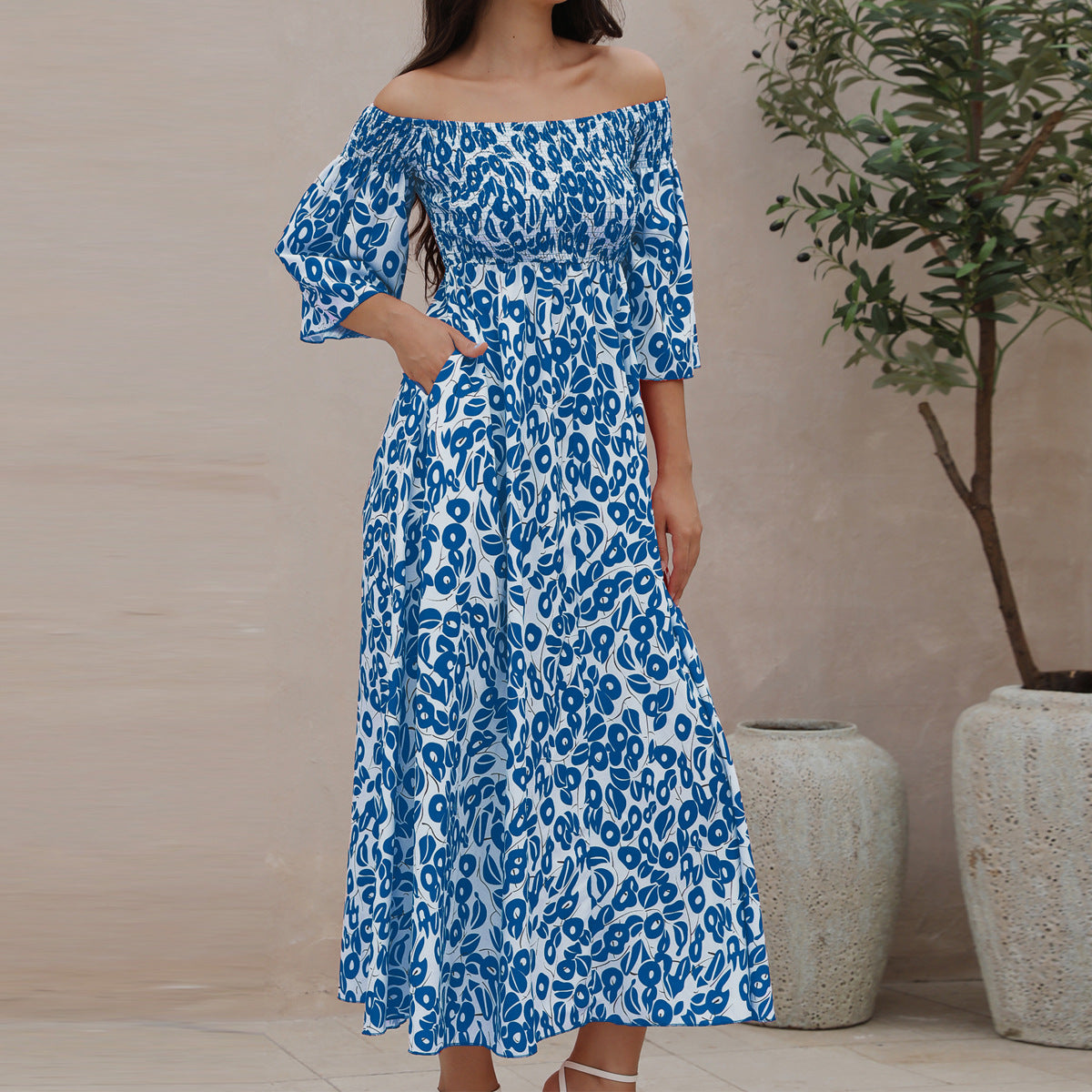Ladies' Vacation Flower Street Elegant Printed Off Shoulder Waist Pocket Long Dress