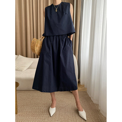 French Simplicity Elegant Pure Cotton Washed Thin round Neck Vest Umbrella Skirt Two Piece Suit