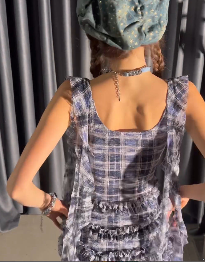 Pleated Plaid Miniskirt Sleeveless Dress