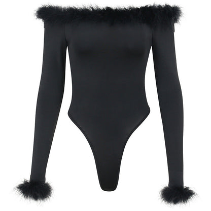 Sexy Slim Hairy One-shoulder Long-sleeved bodysuit