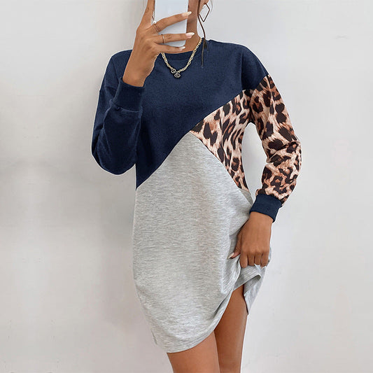 Autumn Women Wear Long Sleeve Leopard Print Sweater Dress