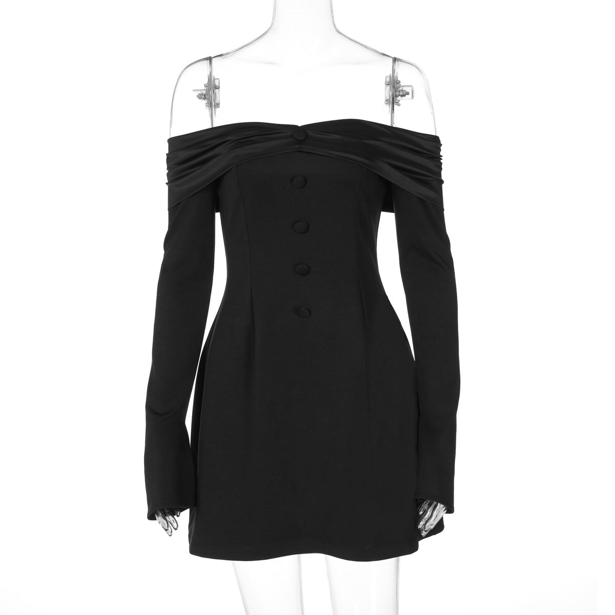 Women Clothing Sexy off Neck off the Shoulder Flared Sleeves Waist Slimming Short Dress