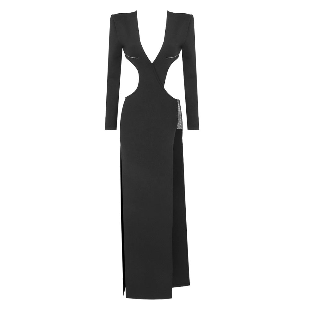 Autumn Winter Black Cut out Rhinestone Dress Long Sleeve Split Slim Fit Dress Sexy